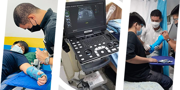 Staff putting casts on patients' arms and an ultrasound machine in the clinic